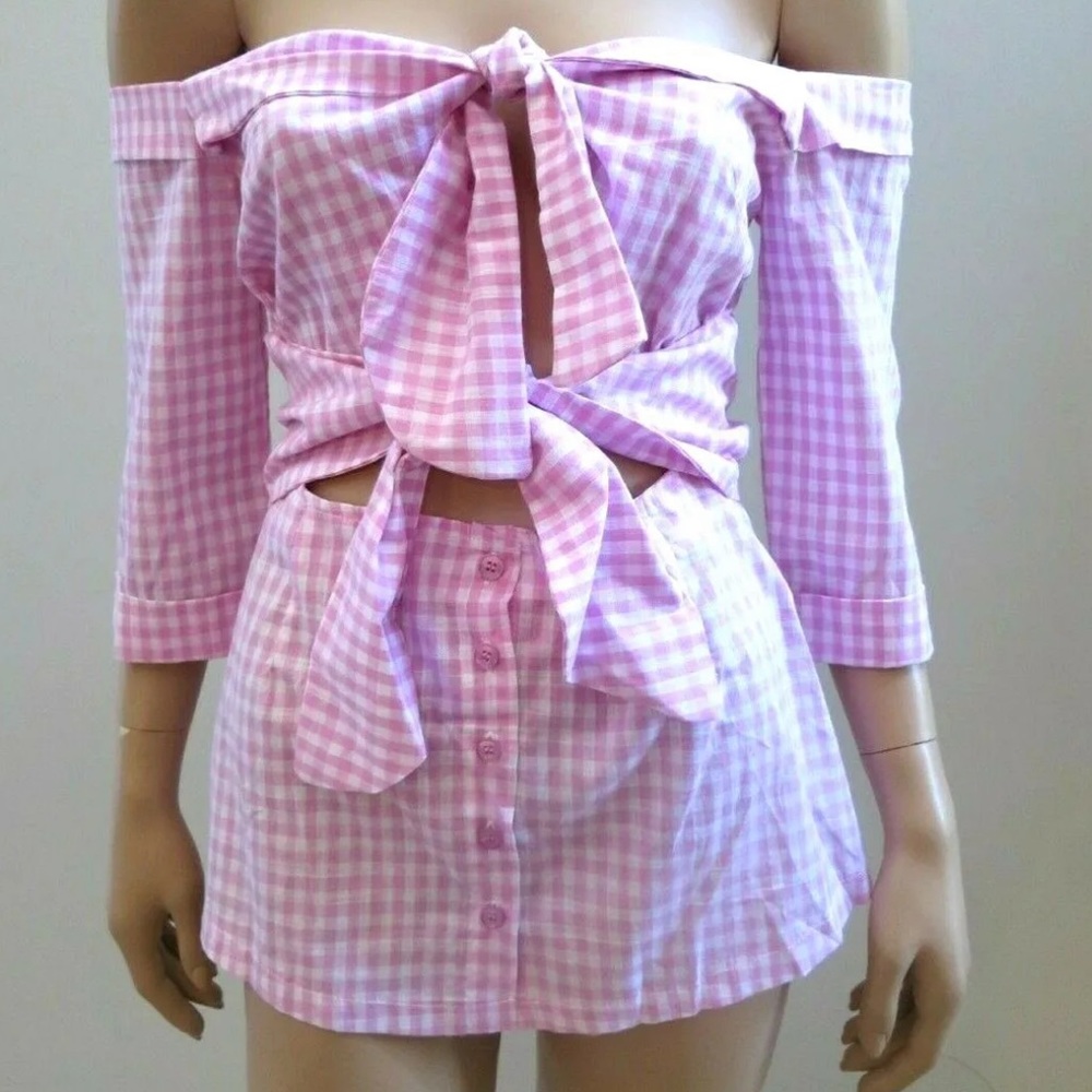 Lioness pink gingham tie top blouse